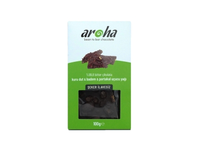 Aroha %99,8 Bitter Çikolata Şeker İlavesiz, Kara Dut, Badem ve Portakal Uçucu Yağı 100 g